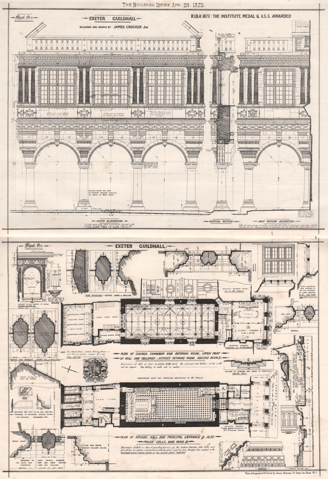 Exeter Guildhall; measured & drawn by James Crocker, Jr. (2) 1875 old print